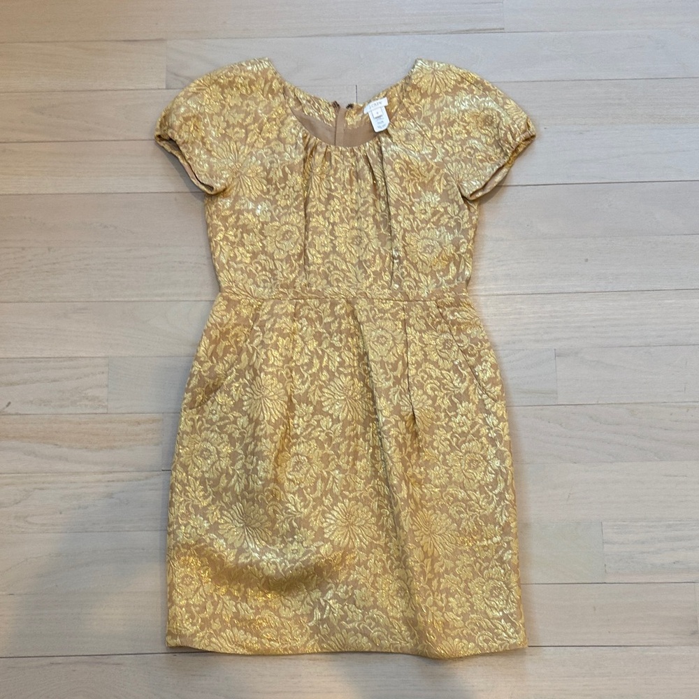 Elegant Gold Floral Jacquard Mini Dress